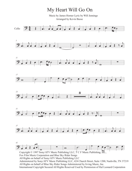 My Heart Will Go On Easy Key Of C Cello Sheet Music