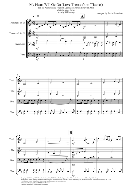 Free Sheet Music My Heart Will Go On Love Theme From Titanic For Brass Quartet