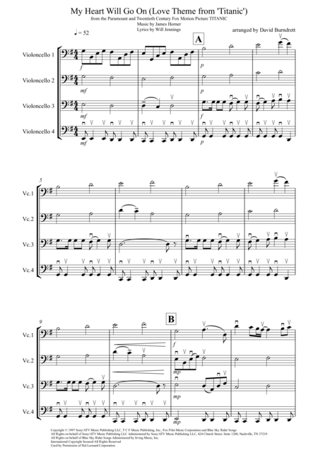 My Heart Will Go On Love Theme From Titanic For Cello Quartet Sheet Music