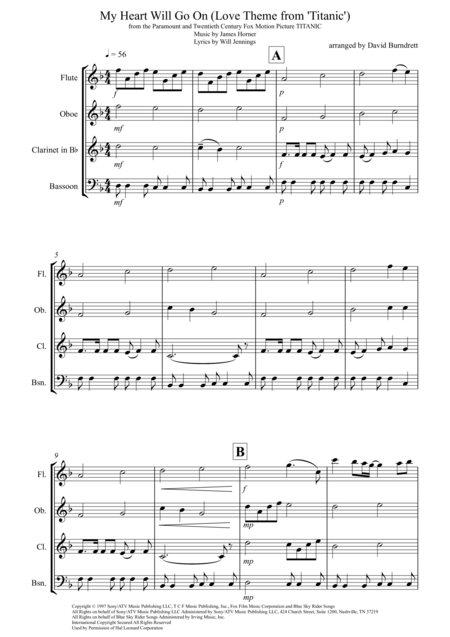 My Heart Will Go On Love Theme From Titanic For Wind Quartet Sheet Music