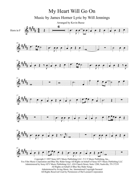 My Heart Will Go On Love Theme From Titanic Horn In F Sheet Music