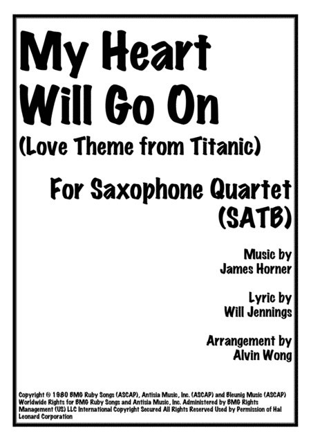 My Heart Will Go On Original Key Saxophone Quartet Sheet Music