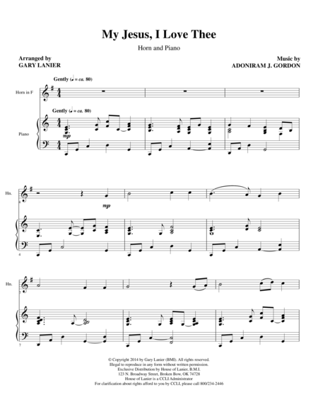 Free Sheet Music My Jesus I Love Thee F Horn Piano And Hrn Part