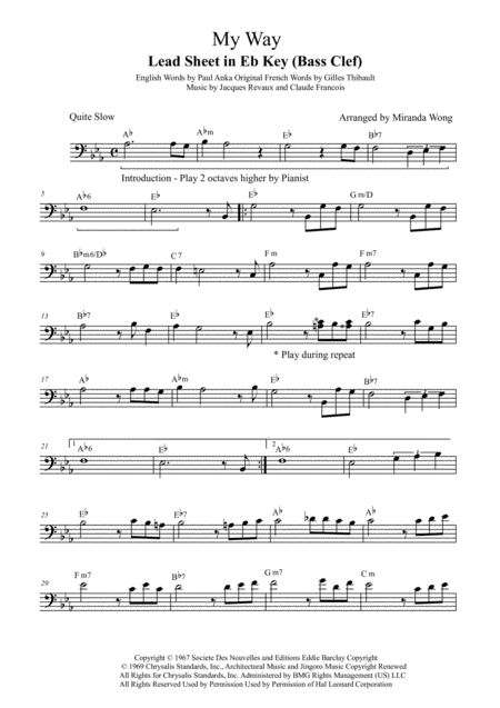 My Way Lead Sheet In Eb Bass Clef Sheet Music