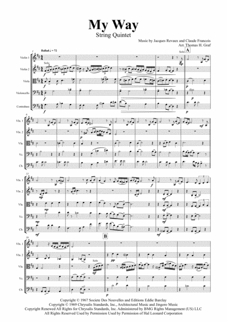 My Way Sinatra String Quintet Sheet Music