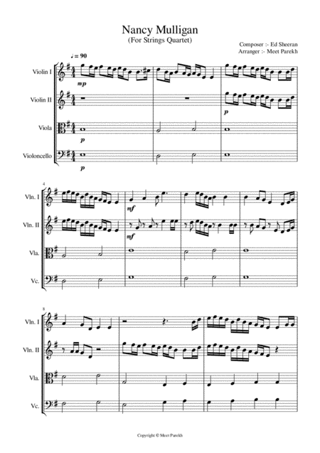 Nancy Mulligan Ed Sheeran For Strings Quartet Sheet Music