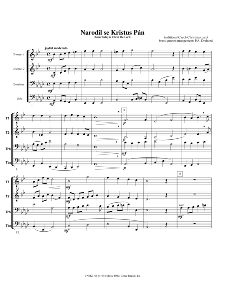 Free Sheet Music Narodil Se Kristus Pan Born Today Is Christ The Lord Czech Christmas Carol For Mixed Brass Quartet