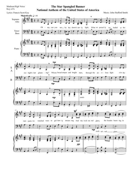 Free Sheet Music National Anthem The Star Spangled Banner Us National Anthem Easy 3 Part Sab Chorus Arrangement In Medium High Key Of A