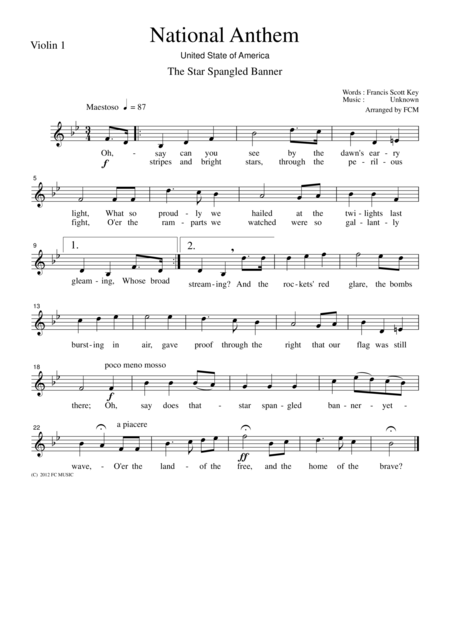 National Anthem United State Of America The Star Spangled Banner For String Quartet Na002 Sheet Music