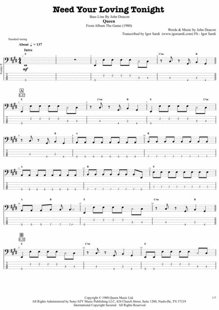 Need Your Loving Tonight Queen John Deacon Complete And Accurate Bass Transcription Whit Tab Sheet Music