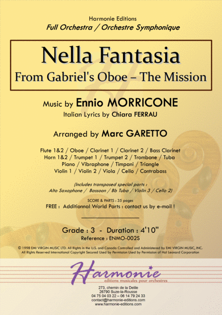 Free Sheet Music Nella Fantasia Adapted From Gabriels Oboe The Mission Ennio Morricone Full Orchestra