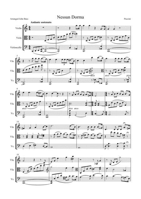 Nessun Dorma By Puccini Arranged For String Trio Violin Viola And Cello Sheet Music