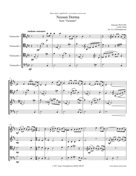 Free Sheet Music Nessun Dorma Cello Quartet D Ma