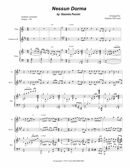 Nessun Dorma Duet For Flute And Bb Clarinet Sheet Music