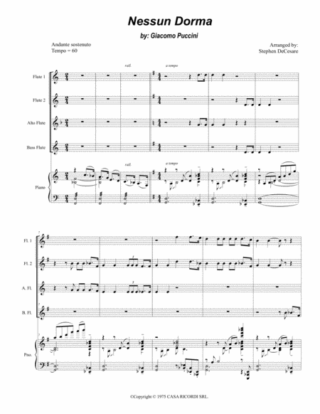 Free Sheet Music Nessun Dorma For Flute Choir And Piano