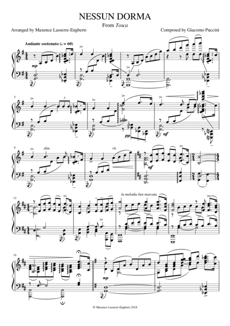 Nessun Dorma For Solo Piano Sheet Music