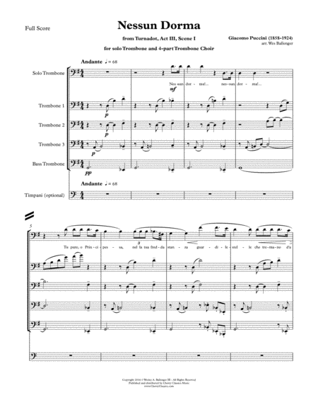 Free Sheet Music Nessun Dorma For Solo Trombone 4 Part Trombone Choir W Opt Timpani