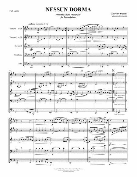 Free Sheet Music Nessun Dorma From The Opera Turandot For Brass Quintet