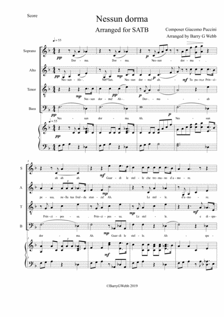 Free Sheet Music Nessun Dorma Puccini Arranged For Choir Satb And Piano