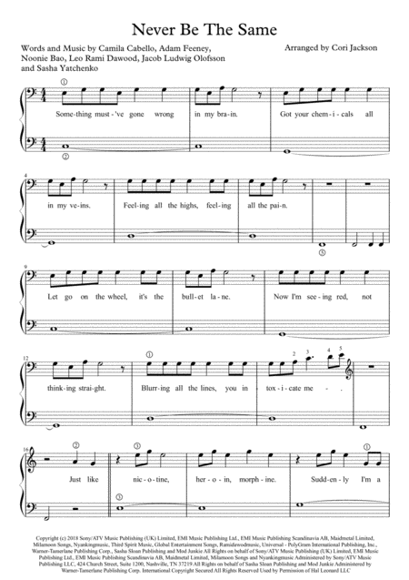 Never Be The Same Easy Piano Sheet Music