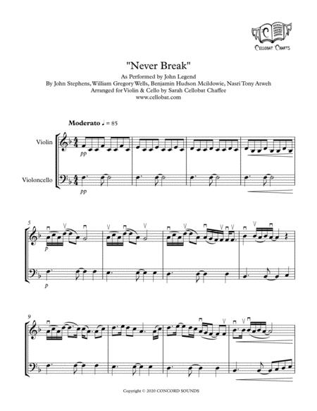 Never Break Violin Cello Duet John Legend Arr Cellobat Sheet Music