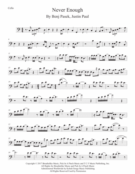 Free Sheet Music Never Enough Easy Key Of C Cello