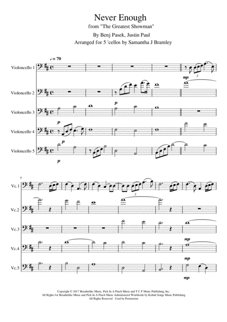 Never Enough From The Greatest Showman Cello Quintet Sheet Music