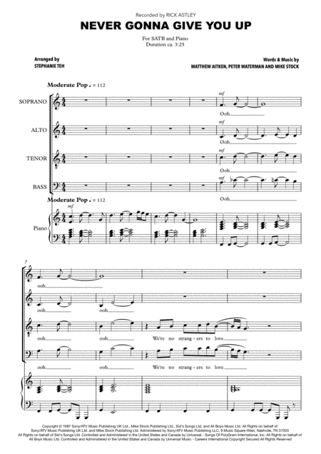 Free Sheet Music Never Gonna Give You Up Rick Astley Satb Choir Arr Stephanie Teh