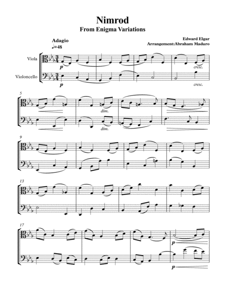 Free Sheet Music Nimrod From Enigma Variations Viola Cello Duet