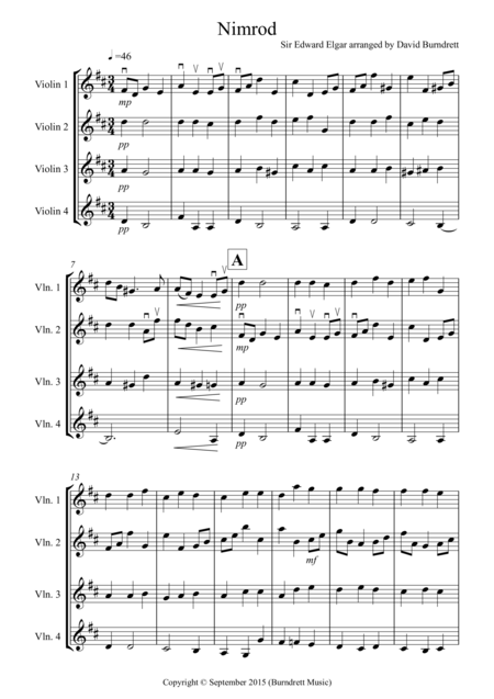 Nimrod From The Enigma Variations For Violin Quartet Sheet Music