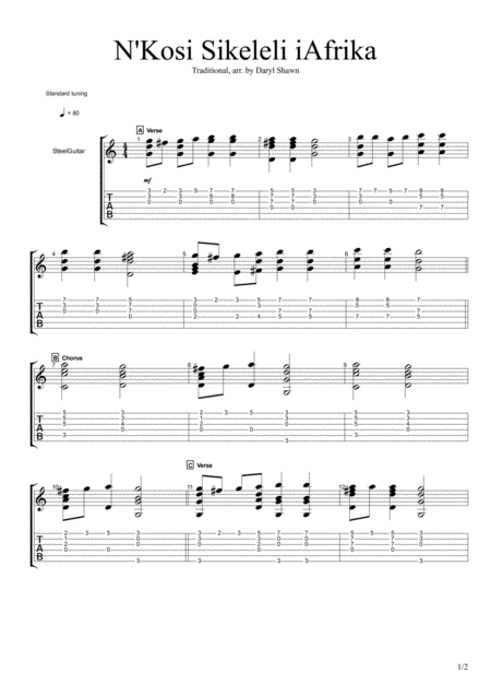 Nkosi Sikele Iafrika For Solo Fingerstyle Guitar Sheet Music