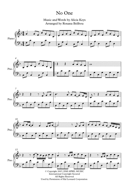 No One F Major By Alicia Keys Piano Sheet Music