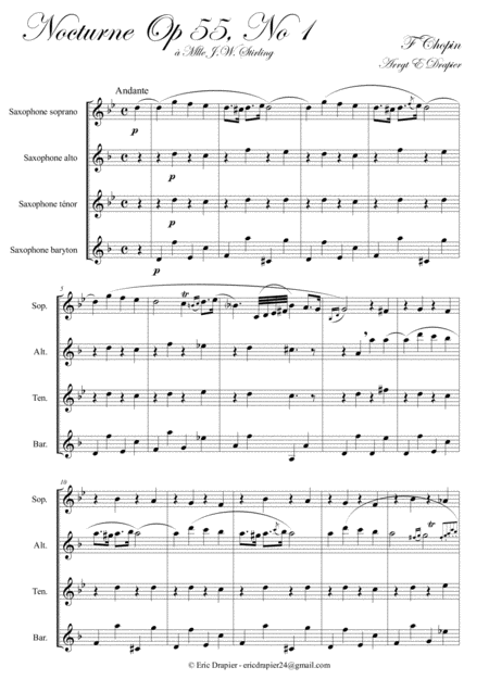 Nocturne F Chopin Op55 N1 For Sax Quartet Satb Sheet Music