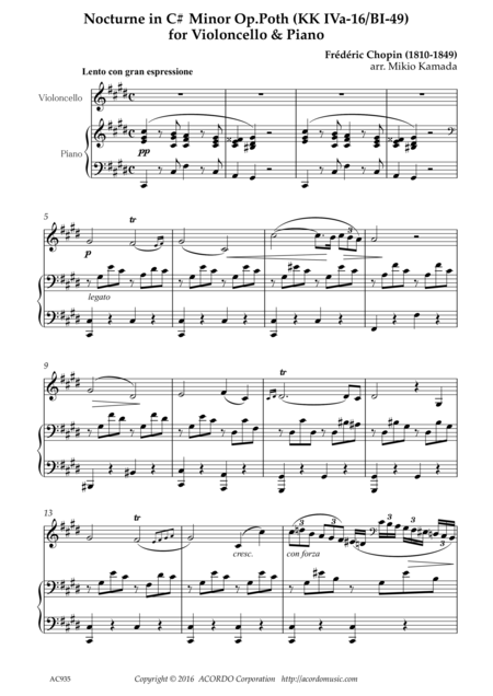 Free Sheet Music Nocturne In C Minor Op Poth Kk Iva 11 Bi 49 For Violoncello Piano