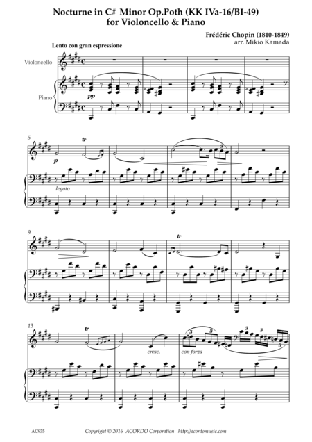 Nocturne In C Minor Op Poth Kk Iva 11 Bi 49 For Violoncello Piano Sheet Music