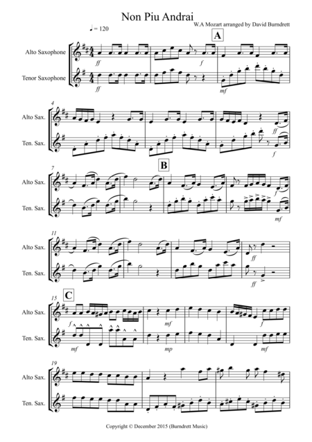 Non Pi Andrai For Alto And Tenor Saxophone Duet Sheet Music