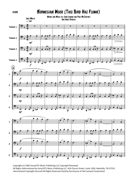 Free Sheet Music Norwegian Wood This Bird Has Flown For Trombone Quartet