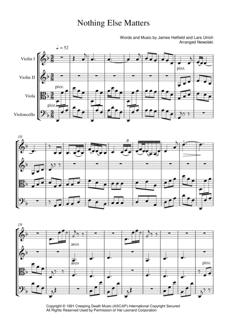 Free Sheet Music Nothing Else Matters String Quartet Score And Parts