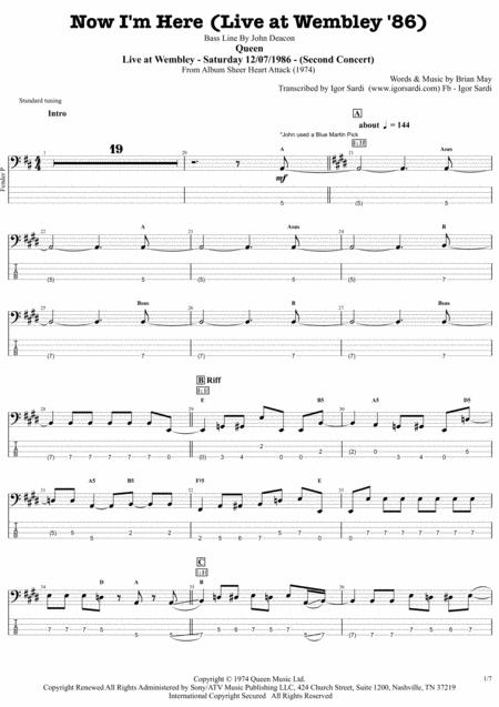 Free Sheet Music Now I M Here Live Wembley 86 Queen John Deacon Complete And Accurate Bass Transcription Whit Tab