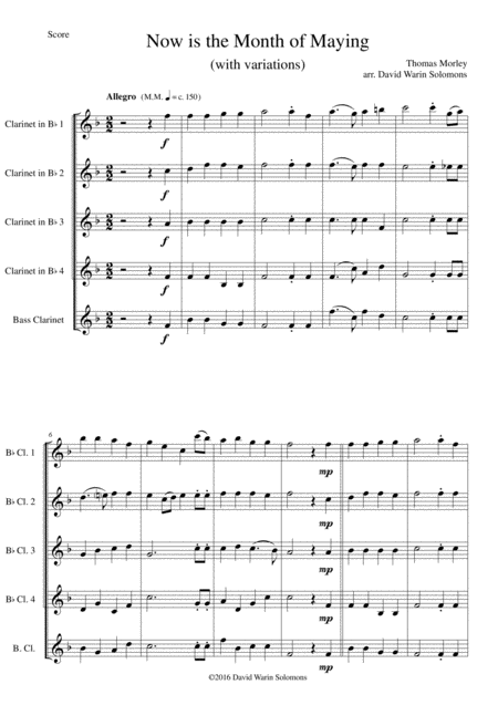 Now Is The Month Of Maying With Variations For Clarinet Quintet 4 B Flats 1 Bass Sheet Music