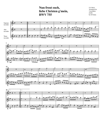 Nun Freut Euch Lieben Christen G Mein Bwv 755 Arrangement For 3 Recorders Sheet Music