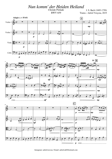 Nun Komm Der Heiden Heiland Bwv 659 Bach Chorale Prelude String Quartet Sheet Music