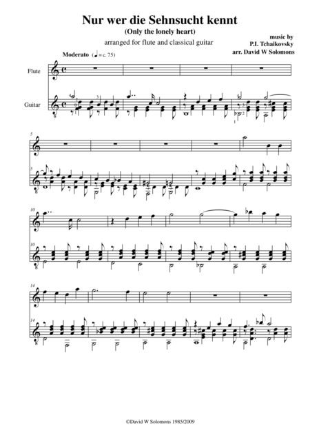 Nur Wer Die Sehnsucht Kennt Only The Lonely Heart For Flute And Guitar Sheet Music