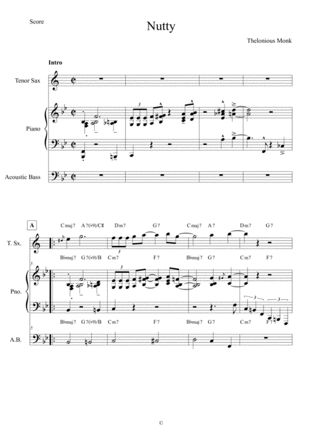 Free Sheet Music Nuttyt Monk Score And Individual Parts Tenor Sax Piano Bass