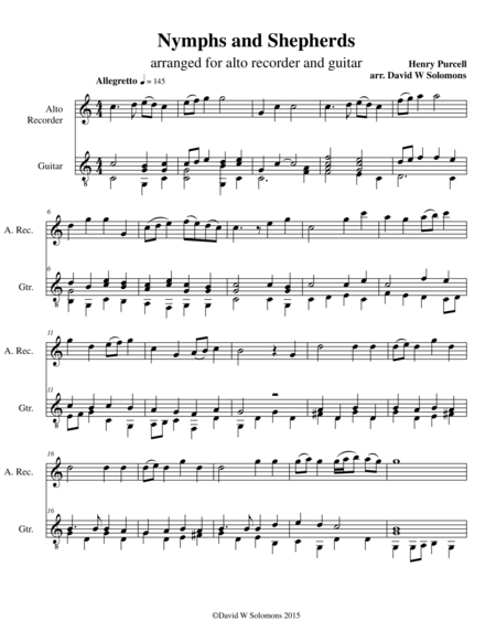 Free Sheet Music Nymphs And Shepherds For Recorder And Guitar