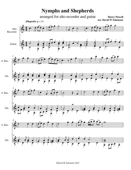 Nymphs And Shepherds For Recorder And Guitar Sheet Music