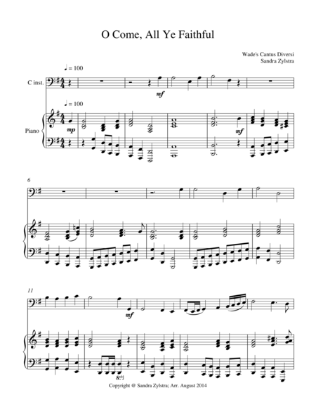 O Come All Ye Faithful Bass C Instrument Solo Sheet Music