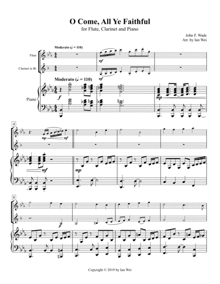 Free Sheet Music O Come All Ye Faithful For Flute Clarinet And Piano