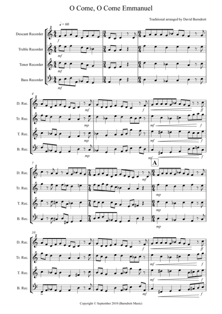 Free Sheet Music O Come O Come Emmanuel For Recorder Quartet