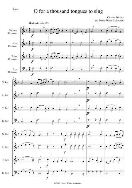 Free Sheet Music O For A Thousand Tongues To Sing For Recorder Quartet